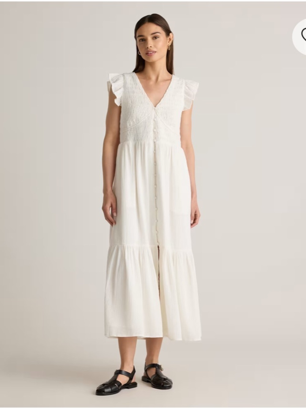 Quince Organic Textured Cotton Smocked V-Neck Midi Dress size large white